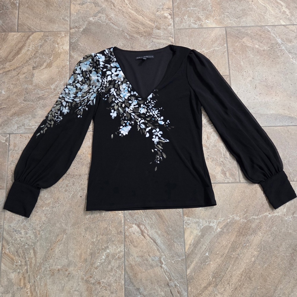 White House Black Market Floral V-Neck Blouse Black Sheer Bishop Sleeve Small